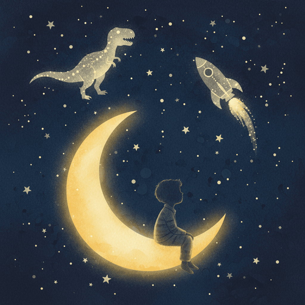 Child sitting on a crescent moon surrounded by stars
