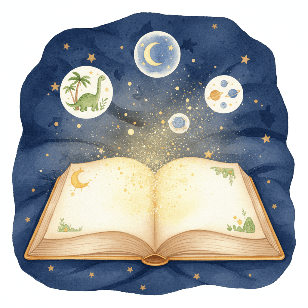 Open storybook with magical sparkles